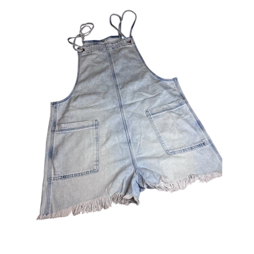 Aerie Romper Womens Size L Blue Denim Shortall Double Strap Frayed Hem